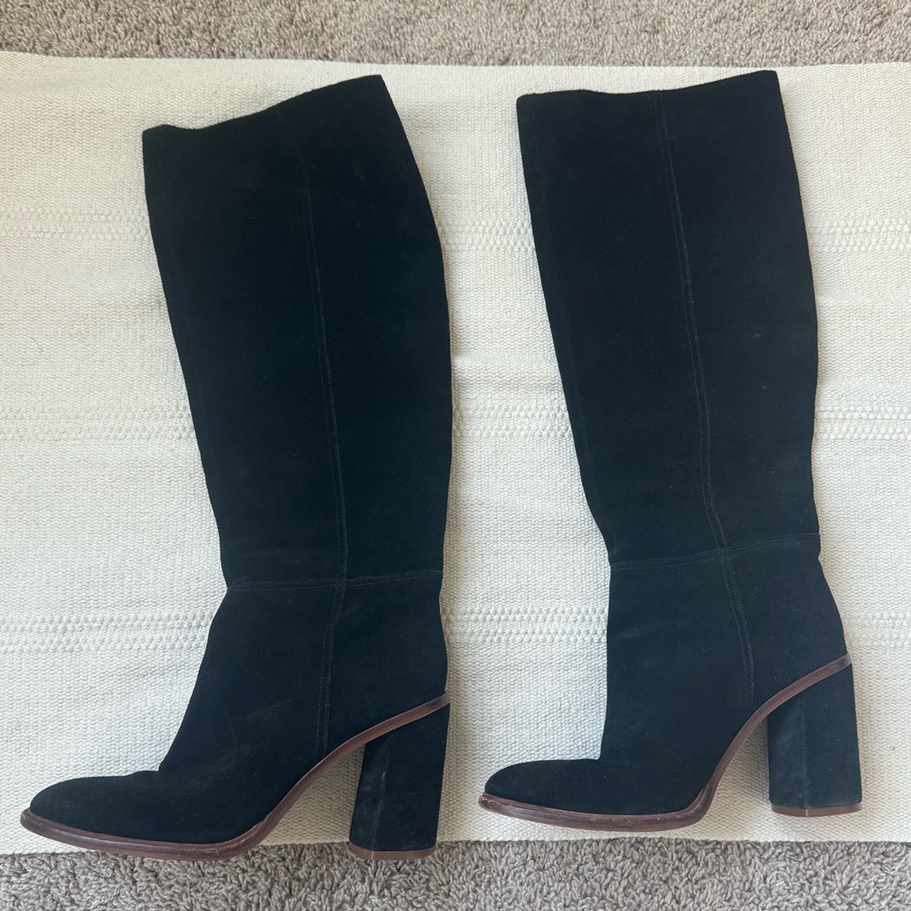 Vince Camuto black suede leather knee high block heel boots - Picture 3 of 11